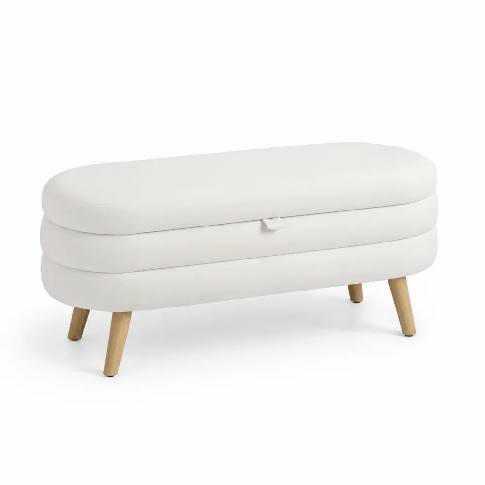 Sitzbank Oval Weiß PU-Leder Massivholzbeine 110cm